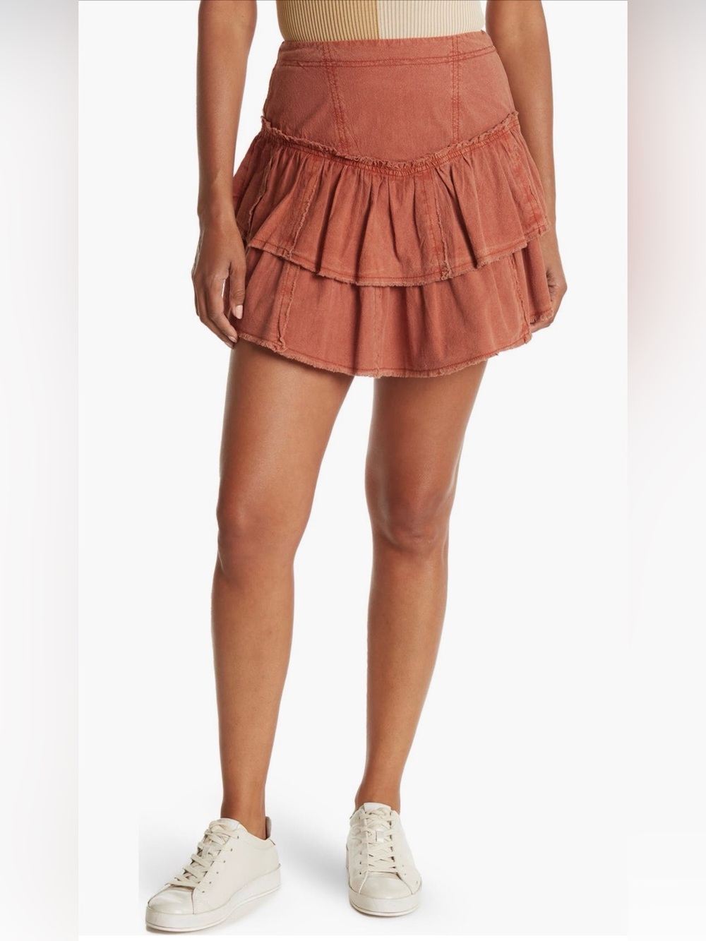 Free People Ruffles in The Sand Tiered‎ Ruffle Mini Skirt - Rust Orange - size 2